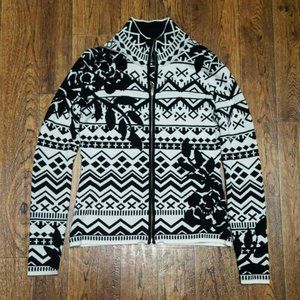 Icelandic Design Merino Wool Cardigan Sweater Womens Medium Full Zip Black White